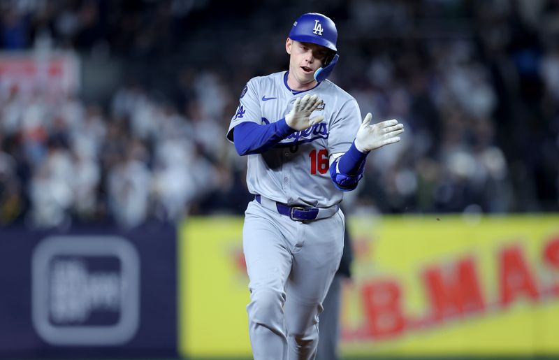 Oct 29, 2024; New York, New York, USA; Los Angeles Dodgers catcher Will Smith (16) rounds the bases after hitting a home run during the fifth inning against the New York Yankees in game four of the 2024 MLB World Series at Yankee Stadium. Mandatory Credit: Brad Penner-Imagn Images