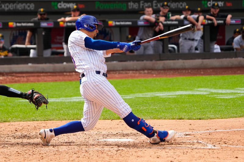 Aug 16, 2023; New York City, New York, USA; New York Mets center fielder Rafael Ortega (30) hits an RBI single during the seventh inning at Citi Field. Mandatory Credit: Gregory Fisher-USA TODAY Sports