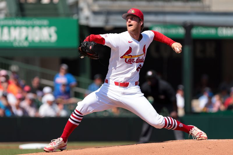 Feb 27, 2026; Jupiter, Florida, USA; St. Louis Cardinals starting pitcher Quinn Mathews (60) delivers a pitch against the New York Mets during the first inning at Roger Dean Chevrolet Stadium. Mandatory Credit: Sam Navarro-Imagn Images