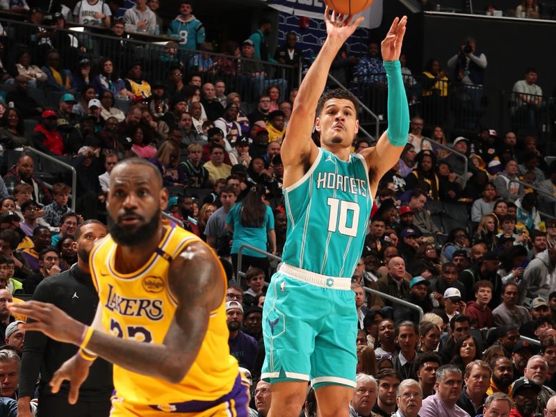 CHARLOTTE, NC - JANUARY 27:  Josh Green #10 of the Charlotte Hornets shoots a three point basket during the game against the Los Angeles Lakers on January 27, 2025 at Spectrum Center in Charlotte, North Carolina. NOTE TO USER: User expressly acknowledges and agrees that, by downloading and or using this photograph, User is consenting to the terms and conditions of the Getty Images License Agreement. Mandatory Copyright Notice: Copyright 2025 NBAE (Photo by Kent Smith/NBAE via Getty Images)