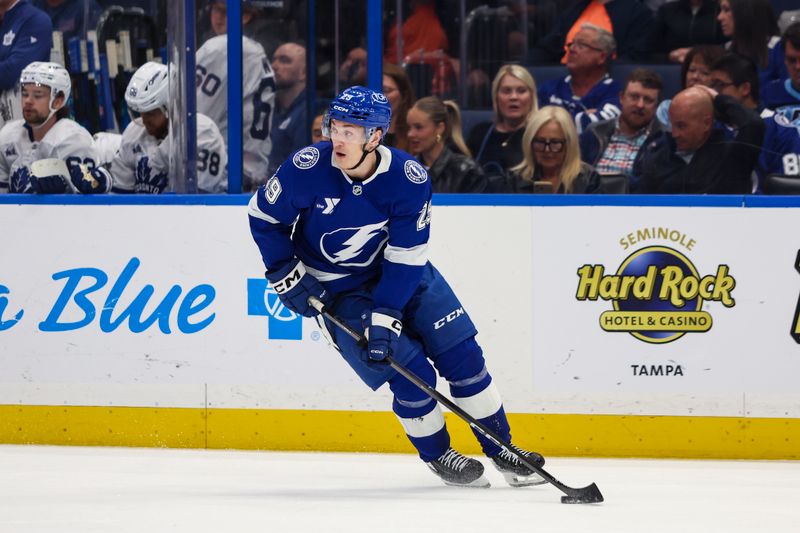 Feb 25, 2026; Tampa, Florida, USA; Tampa Bay Lightning forward Pontus Holmberg (29) handles the puck against the Toronto Maple Leafs during the second period at Benchmark International Arena. Mandatory Credit: Morgan Tencza-Imagn Images 