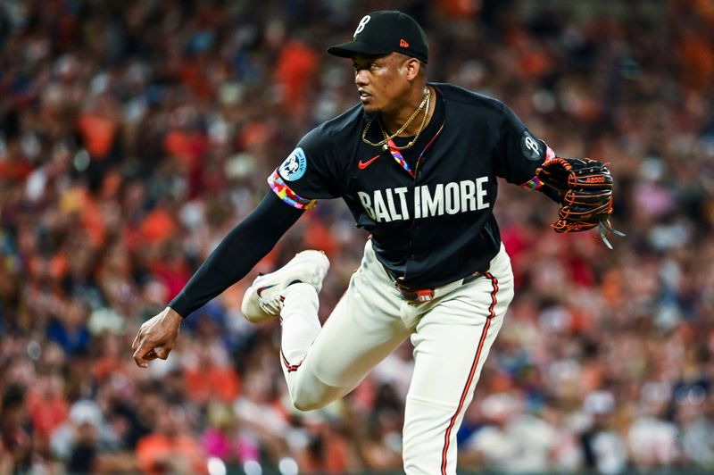 Jun 29, 2024; Baltimore, Maryland, USA;  Baltimore Orioles pitcher Yennier Cano (78) delivers a seventh inning pitch against the Texas Rangers at Oriole Park at Camden Yards. Mandatory Credit: Tommy Gilligan-USA TODAY Sports