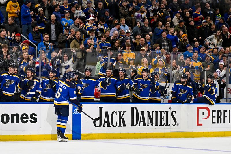 Dec 27, 2023; St. Louis, Missouri, USA;  St. Louis Blues defenseman Marco Scandella (6) is congratulated by teammates after scoring against the Dallas Stars during the second period at Enterprise Center. Mandatory Credit: Jeff Curry-USA TODAY Sports