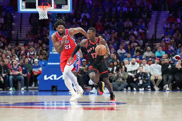 PHILADELPHIA, PA - DECEMBER 22: Dennis Schroder #17 of the Toronto Raptors brings the ball up court against the Philadelphia 76ers on December 22, 2023 at the Wells Fargo Center in Philadelphia, Pennsylvania NOTE TO USER: User expressly acknowledges and agrees that, by downloading and/or using this Photograph, user is consenting to the terms and conditions of the Getty Images License Agreement. Mandatory Copyright Notice: Copyright 2023 NBAE (Photo by Jesse D. Garrabrant/NBAE via Getty Images)