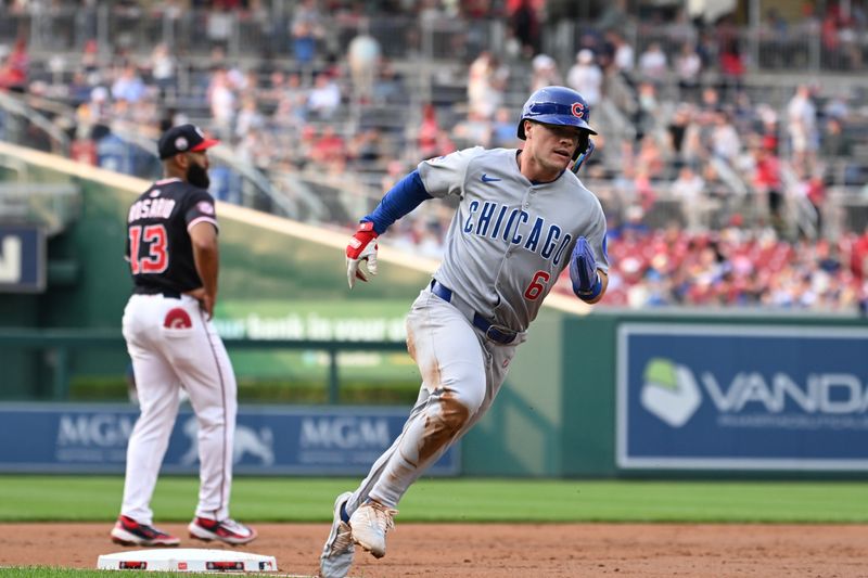 Jun 5, 2025; Washington, District of Columbia, USA; Chicago Cubs third baseman Matt Shaw (6) rounds third base to score a run during the second inning against the Washington Nationals at Nationals Park. Mandatory Credit: Rafael Suanes-Imagn Images
