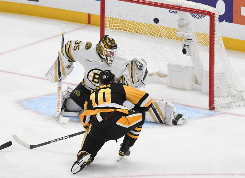 Apr 13, 2024; Pittsburgh, Pennsylvania, USA; Pittsburgh Penguins left wing Drew O’Connor (10) scores on Boston Bruins goalie  Linus Ullmark (35) during the third period at PPG Paints Arena. Mandatory Credit: Philip G. Pavely-USA TODAY Sports