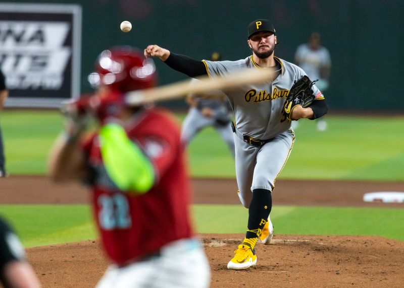 May 28, 2025; Phoenix, Arizona, USA; Pittsburgh Pirates pitcher Paul Skenes against the Arizona Diamondbacks in the first inning at Chase Field. Mandatory Credit: Mark J. Rebilas-Imagn Images
