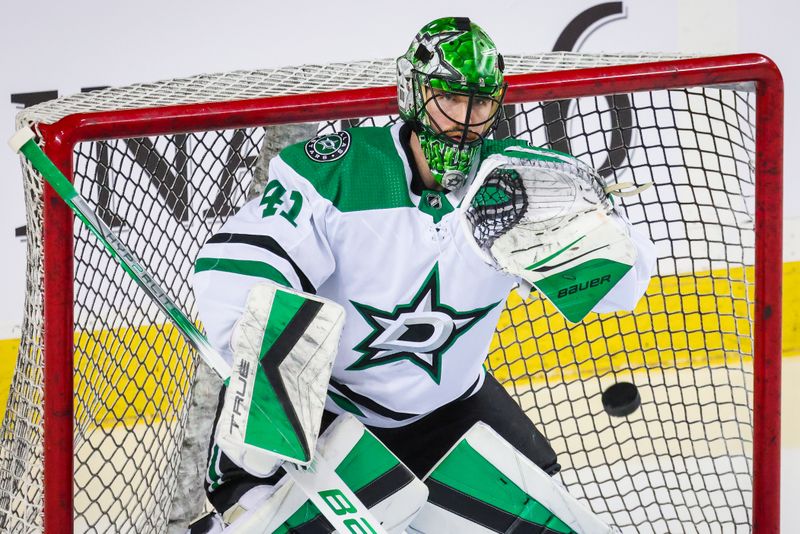 Nov 30, 2023; Calgary, Alberta, CAN; Dallas Stars goaltender Scott Wedgewood (41) guards his net during the warmup period against the Calgary Flames at Scotiabank Saddledome. Mandatory Credit: Sergei Belski-USA TODAY Sports