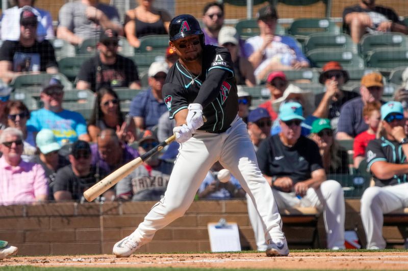 Mar 11, 2024; Salt River Pima-Maricopa, Arizona, USA; Arizona Diamondbacks catcher Gabriel Moreno (14) hits against the Oakland Athletics in the first inning at Salt River Fields at Talking Stick. Mandatory Credit: Rick Scuteri-USA TODAY Sports