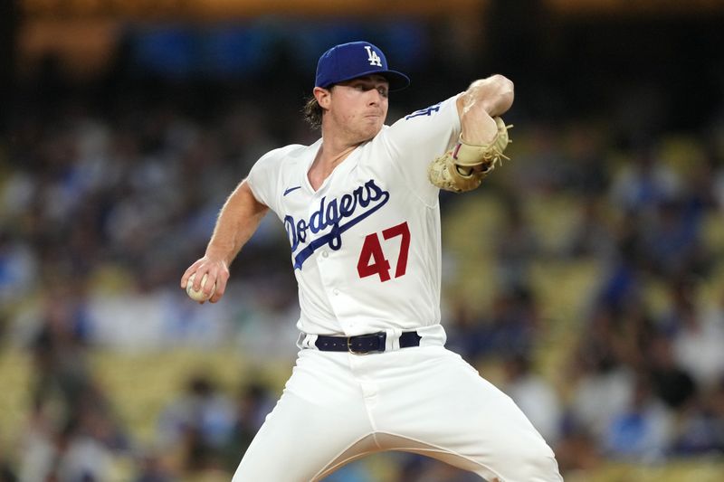 Aug 29, 2023; Los Angeles, California, USA; Los Angeles Dodgers starting pitcher Ryan Pepiot (47) throws in the first inning against the Arizona Diamondbacks at Dodger Stadium. Mandatory Credit: Kirby Lee-USA TODAY Sports