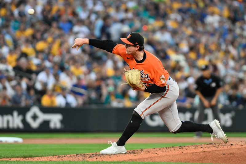 Aug 12, 2023; Seattle, Washington, USA; Baltimore Orioles relief pitcher Mike Baumann (53) pitches to the Seattle Mariners during the sixth inning at T-Mobile Park. Mandatory Credit: Steven Bisig-USA TODAY Sports