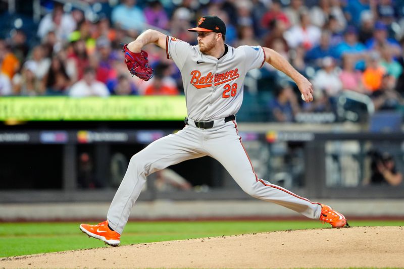 Aug 19, 2024; New York City, New York, USA; Baltimore Orioles pitcher Trevor Rogers (28) delivers a pitch against the New York Mets during the first inning at Citi Field. Mandatory Credit: Gregory Fisher-USA TODAY Sports