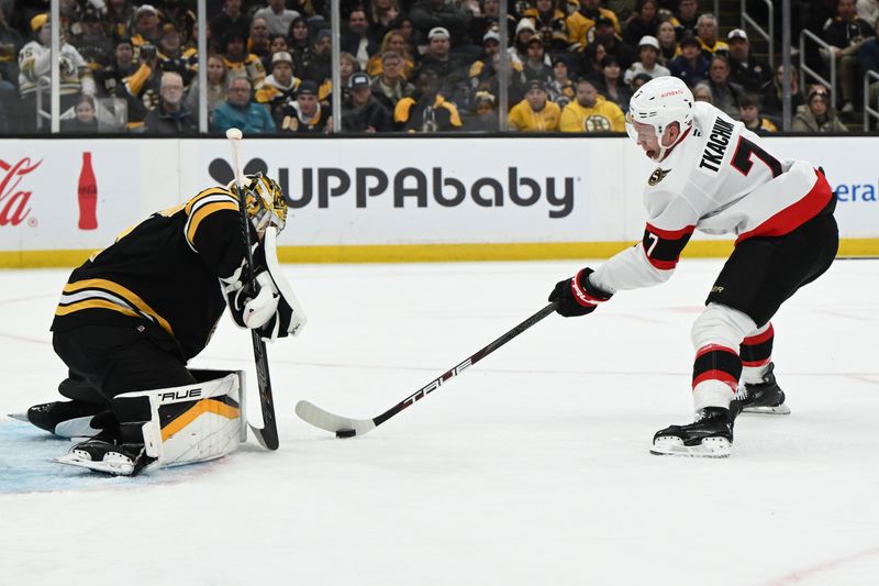 Nov 9, 2024; Boston, Massachusetts, USA; Ottawa Senators left wing Brady Tkachuk (7) attempts a shot on Boston Bruins goaltender Jeremy Swayman (1) during the second period at TD Garden. Mandatory Credit: Brian Fluharty-Imagn Images