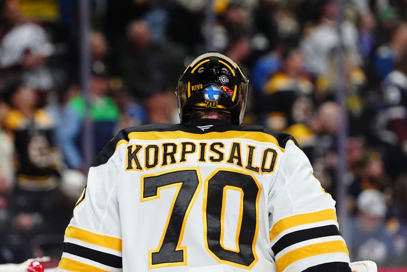 Oct 16, 2024; Denver, Colorado, USA; Boston Bruins goaltender Joonas Korpisalo (70) during the second period against the Colorado Avalanche at Ball Arena. Mandatory Credit: Ron Chenoy-Imagn Images