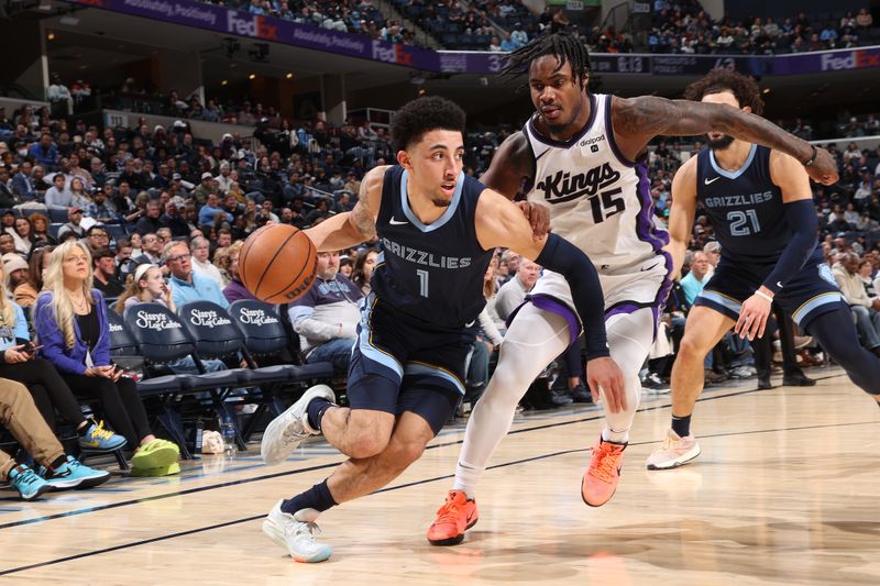 MEMPHIS, TN - JANUARY 29:  Scotty Pippen Jr. #1 of the Memphis Grizzlies drives to the basket during the game against the Sacramento Kings on January 29, 2024 at FedExForum in Memphis, Tennessee. NOTE TO USER: User expressly acknowledges and agrees that, by downloading and or using this photograph, User is consenting to the terms and conditions of the Getty Images License Agreement. Mandatory Copyright Notice: Copyright 2024 NBAE (Photo by Joe Murphy/NBAE via Getty Images)