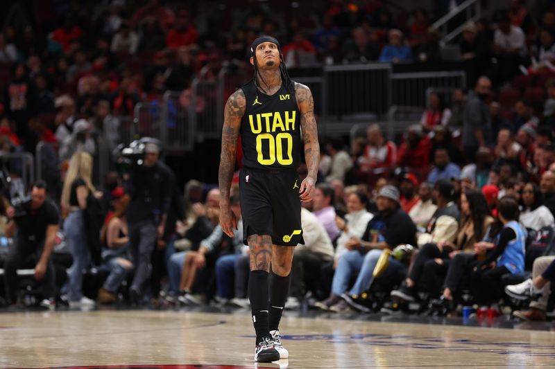 CHICAGO, ILLINOIS - NOVEMBER 06: Jordan Clarkson #00 of the Utah Jazz reacts against the Chicago Bulls during the first half at the United Center on November 06, 2023 in Chicago, Illinois. NOTE TO USER: User expressly acknowledges and agrees that, by downloading and or using this photograph, User is consenting to the terms and conditions of the Getty Images License Agreement. (Photo by Michael Reaves/Getty Images)