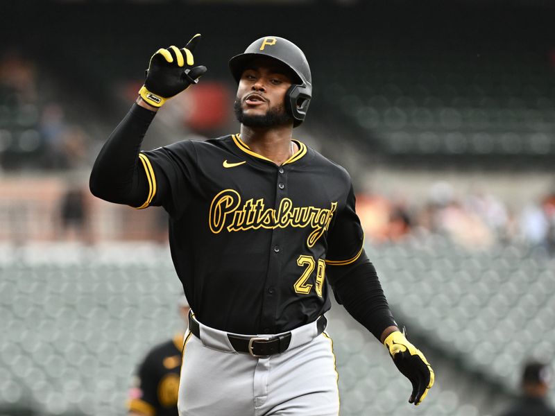 Sep 11, 2025; Baltimore, Maryland, USA;  Pittsburgh Pirates outfielder Alexander Canario (29) gestures after hitting a solo home run during the third inning against the Baltimore Orioles at Oriole Park at Camden Yards. Mandatory Credit: James A. Pittman-Imagn Images