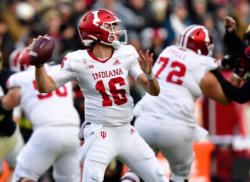 Nov 27, 2021; West Lafayette, Indiana, USA; Indiana Hoosiers quarterback Grant Gremel (16) throws a pass during the first half against the Purdue Boilermakers at Ross-Ade Stadium. Mandatory Credit: Marc Lebryk-USA TODAY Sports