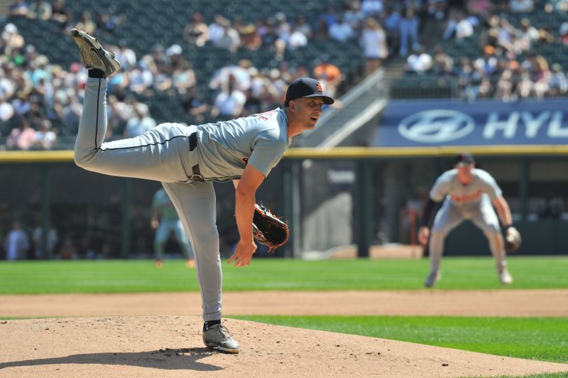 Aug 25, 2024; Chicago, Illinois, USA; Detroit Tigers starting pitcher Beau Brieske (4) pitches during the first inning against the Chicago White Sox at Guaranteed Rate Field. Mandatory Credit: Patrick Gorski-USA TODAY Sports