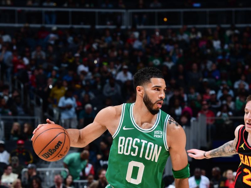 ATLANTA, GA - MARCH 28: Jayson Tatum #0 of the Boston Celtics dribbles the ball during the game against the Atlanta Hawks on March 28, 2024 at State Farm Arena in Atlanta, Georgia.  NOTE TO USER: User expressly acknowledges and agrees that, by downloading and/or using this Photograph, user is consenting to the terms and conditions of the Getty Images License Agreement. Mandatory Copyright Notice: Copyright 2024 NBAE (Photo by Scott Cunningham/NBAE via Getty Images)