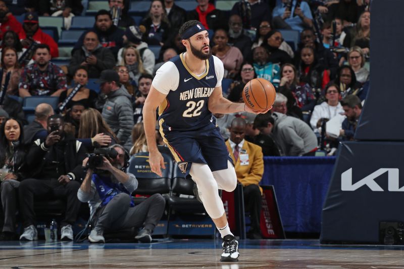 NEW ORLEANS, LA - JANUARY 17: Larry Nance Jr. #22 of the New Orleans Pelicans dribbles the ball during the game against the Charlotte Hornets on January 17, 2024 at the Smoothie King Center in New Orleans, Louisiana. NOTE TO USER: User expressly acknowledges and agrees that, by downloading and or using this Photograph, user is consenting to the terms and conditions of the Getty Images License Agreement. Mandatory Copyright Notice: Copyright 2024 NBAE (Photo by Layne Murdoch Jr./NBAE via Getty Images)