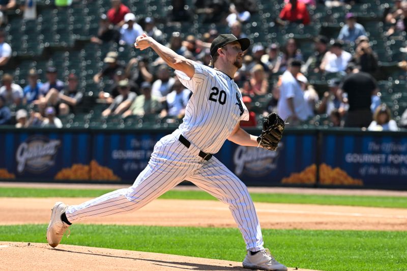 Jul 10, 2024; Chicago, Illinois, USA;  Chicago White Sox pitcher Erick Fedde (20) delivers during the first inning against the Minnesota Twins at Guaranteed Rate Field. Mandatory Credit: Matt Marton-USA TODAY Sports