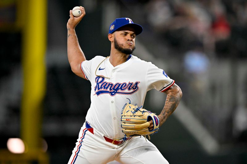 May 2, 2024; Arlington, Texas, USA; Texas Rangers relief pitcher Jonathan Hernandez (72) pitches against the Washington Nationals during the ninth inning at Globe Life Field. Mandatory Credit: Jerome Miron-USA TODAY Sports