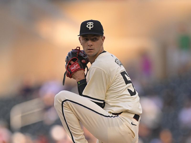 Jul 3, 2024; Minneapolis, Minnesota, USA; Minnesota Twins starting pitcher David Festa (58) delivers a pitch against the Detroit Tigers during the first inning at Target Field. Mandatory Credit: Nick Wosika-USA TODAY Sports