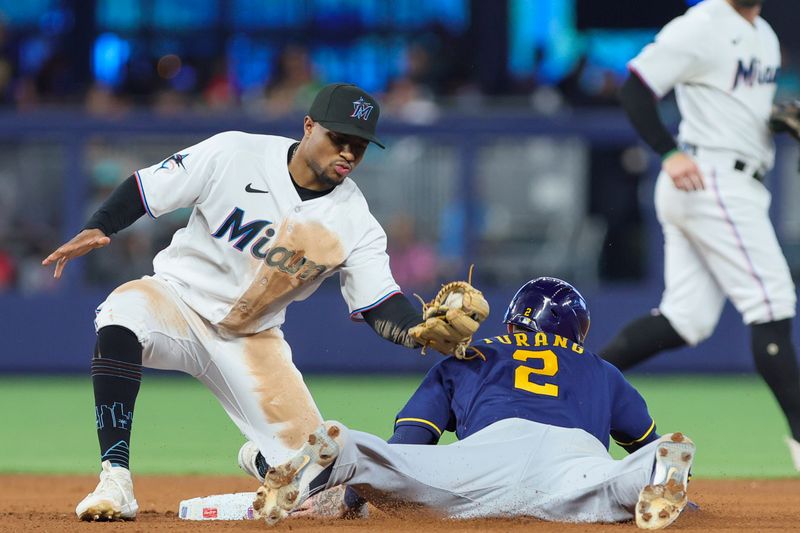 Sep 24, 2023; Miami, Florida, USA; Milwaukee Brewers second baseman Brice Turang (2) steals second base against the Miami Marlins during the fifth inning at loanDepot Park. Mandatory Credit: Sam Navarro-USA TODAY Sports