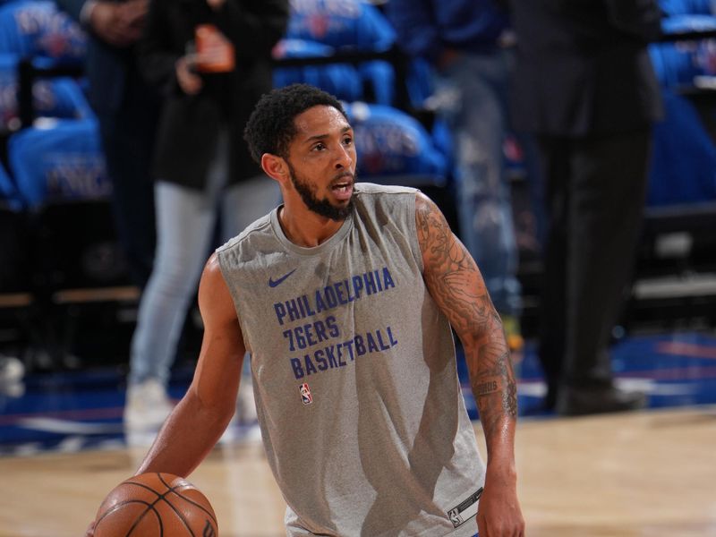 NEW YORK, NY - APRIL 20: Cameron Payne #22 of the Philadelphia 76ers warms up before the game against the New York Knicks during Round 1 Game 1 of the 2024 NBA Playoffs on April 20, 2024 at Madison Square Garden in New York City, New York.  NOTE TO USER: User expressly acknowledges and agrees that, by downloading and or using this photograph, User is consenting to the terms and conditions of the Getty Images License Agreement. Mandatory Copyright Notice: Copyright 2024 NBAE  (Photo Jesse D. Garrabrant/NBAE via Getty Images)