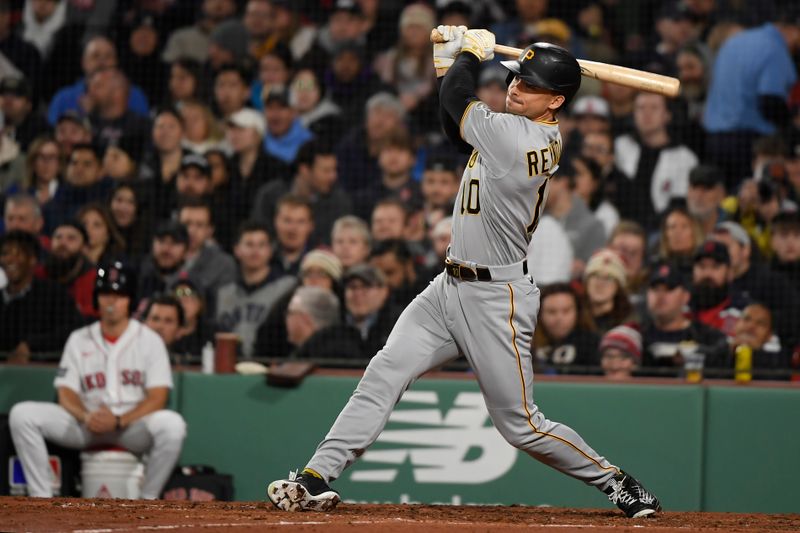 Apr 4, 2023; Boston, Massachusetts, USA; Pittsburgh Pirates center fielder Bryan Reynolds (10) hits a double during the fifth inning against the Boston Red Sox at Fenway Park. Mandatory Credit: Bob DeChiara-USA TODAY Sports