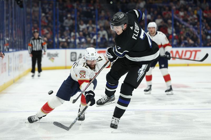 Feb 17, 2024; Tampa, Florida, USA;  Tampa Bay Lightning defenseman Haydn Fleury (7) and Florida Panthers left wing Johan Gadjovich (12) battle for the puck in the second period at Amalie Arena. Mandatory Credit: Nathan Ray Seebeck-USA TODAY Sports