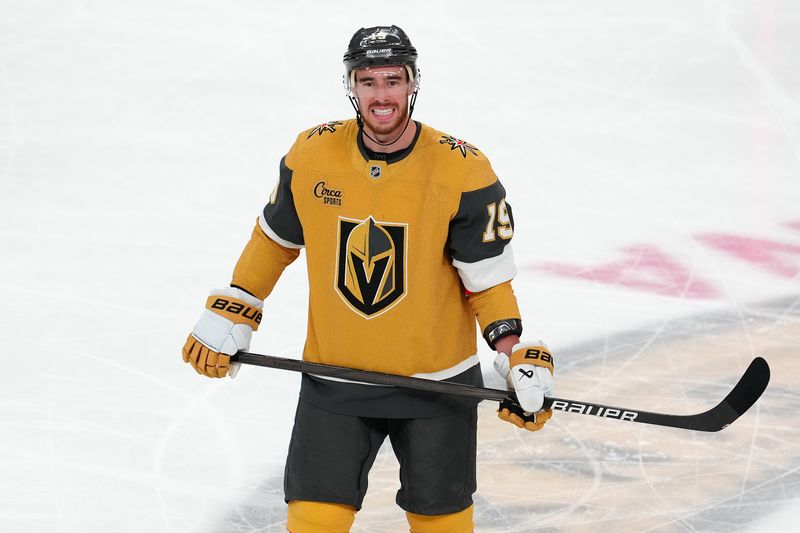 Apr 1, 2025; Las Vegas, Nevada, USA; Vegas Golden Knights right wing Reilly Smith (19) reacts after a missing on a play against the Edmonton Oilers during the third period at T-Mobile Arena. Mandatory Credit: Stephen R. Sylvanie-Imagn Images