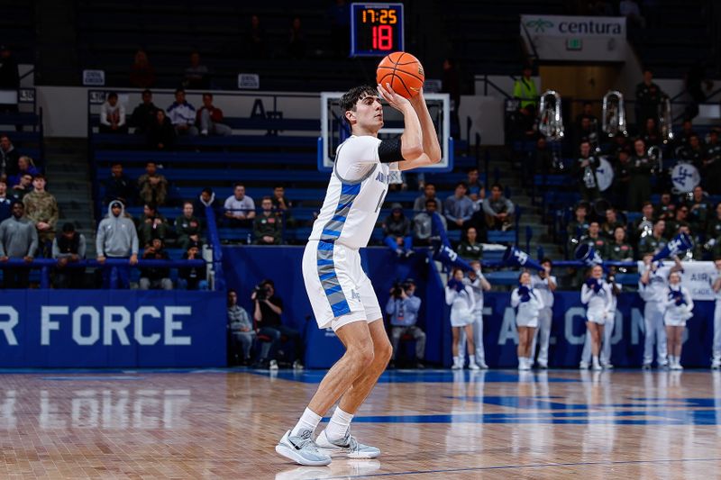 Feb 10, 2023; Colorado Springs, Colorado, USA; Air Force Falcons forward Beau Becker (14) attempts a shot in the second half against the New Mexico Lobos at Clune Arena. Mandatory Credit: Isaiah J. Downing-USA TODAY Sports