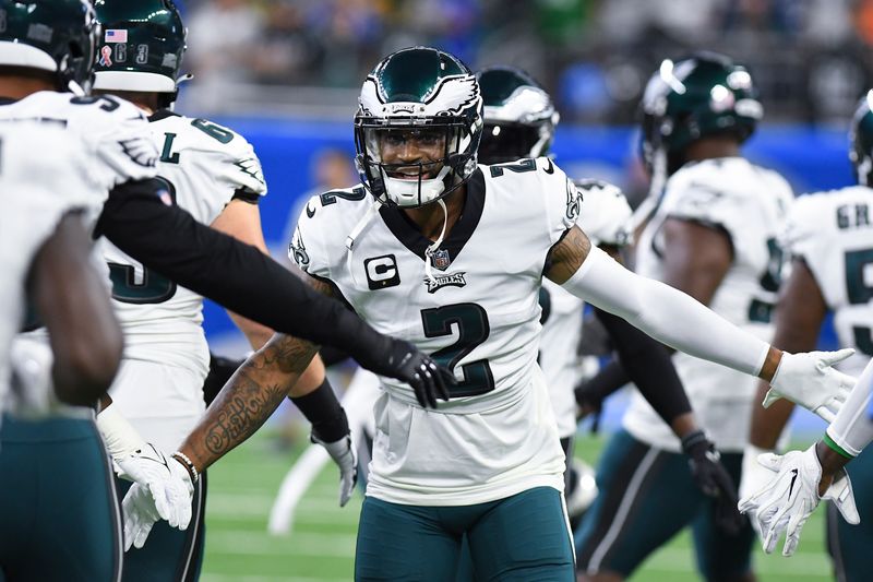 Philadelphia Eagles cornerback Darius Slay greets teammates to the field before an NFL football game against the Detroit Lions in Detroit, Sunday, Sept. 11, 2022. (AP Photo/Lon Horwedel)