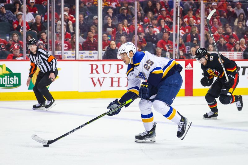 Jan 23, 2024; Calgary, Alberta, CAN; St. Louis Blues center Jordan Kyrou (25) controls the puck against the Calgary Flames during the third period at Scotiabank Saddledome. Mandatory Credit: Sergei Belski-USA TODAY Sports