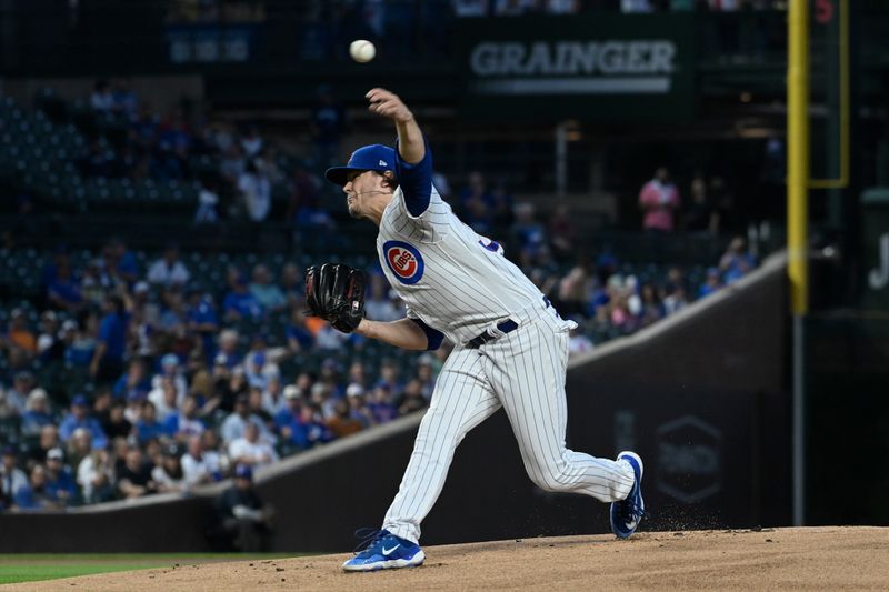 Sep 20, 2023; Chicago, Illinois, USA; Chicago Cubs starting pitcher Justin Steele (35) delivers the ball during the first inning against the Pittsburgh Pirates at Wrigley Field. Mandatory Credit: Matt Marton-USA TODAY Sports