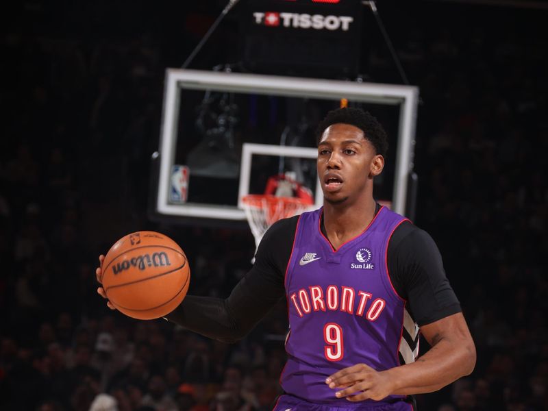 NEW YORK, NY - JANUARY 8:  RJ Barrett #9 of the Toronto Raptors dribbles the ball during the game against the New York Knicks  on January 8, 2025 at Madison Square Garden in New York City, New York.  NOTE TO USER: User expressly acknowledges and agrees that, by downloading and or using this photograph, User is consenting to the terms and conditions of the Getty Images License Agreement. Mandatory Copyright Notice: Copyright 2024 NBAE  (Photo by Nathaniel S. Butler/NBAE via Getty Images)