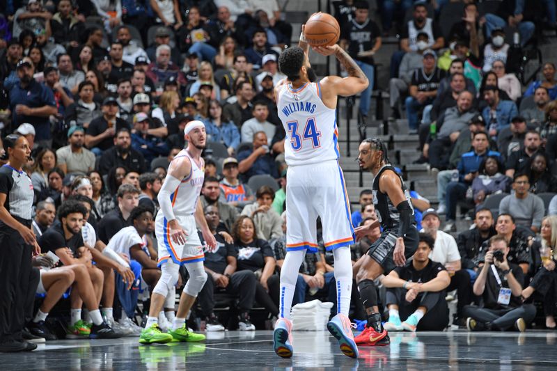 SAN ANTONIO, TX - NOVEMBER 19: Kenrich Williams #34 of the Oklahoma City Thunder shoots the ball during the game against the San Antonio Spurs during the Emirates NBA Cup game on November 19, 2024 at the Frost Bank Center in San Antonio, Texas. NOTE TO USER: User expressly acknowledges and agrees that, by downloading and or using this photograph, user is consenting to the terms and conditions of the Getty Images License Agreement. Mandatory Copyright Notice: Copyright 2024 NBAE (Photos by Michael Gonzales/NBAE via Getty Images)