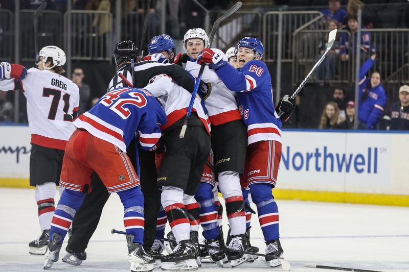 Jan 14, 2026; New York, New York, USA; Players try to separate each other in the third period between the Ottawa Senators and the New York Rangers at Madison Square Garden. Mandatory Credit: Wendell Cruz-Imagn Images Jan 14, 2026; New York, New York, USA; Players try to separate each other in the third period between the Ottawa Senators and the New York Rangers at Madison Square Garden. Mandatory Credit: Wendell Cruz-Imagn Images