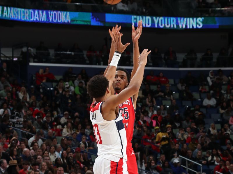 NEW ORLEANS, LA - FEBRUARY 14: Trey Murphy III #25 of the New Orleans Pelicans shoots the ball during the game against the Washington Wizards on February 14, 2024 at the Smoothie King Center in New Orleans, Louisiana. NOTE TO USER: User expressly acknowledges and agrees that, by downloading and or using this Photograph, user is consenting to the terms and conditions of the Getty Images License Agreement. Mandatory Copyright Notice: Copyright 2024 NBAE (Photo by Layne Murdoch Jr./NBAE via Getty Images)