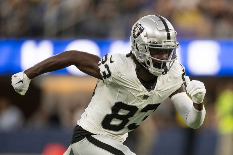 Las Vegas Raiders wide receiver Kristian Wilkerson (83) runs during an NFL preseason football game against the Los Angeles Rams, Saturday, Aug. 19, 2023, in Inglewood, Calif. (AP Photo/Kyusung Gong)