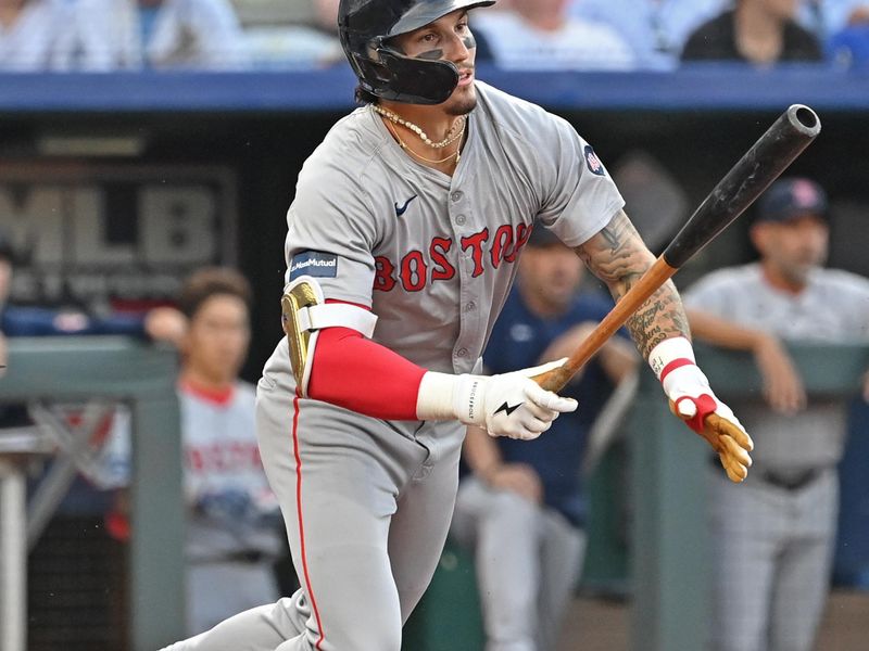 Aug 5, 2024; Kansas City, Missouri, USA;  Boston Red Sox left fielder Jarren Duran (16) drives in a run with a fielders choice in the second inning against the Kansas City Royals at Kauffman Stadium. Mandatory Credit: Peter Aiken-USA TODAY Sports