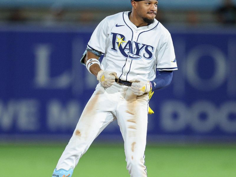 Sep 17, 2025; Tampa, Florida, USA; Tampa Bay Rays center fielder Chandler Simpson (14) reacts after hitting a double against the Toronto Blue Jays in the fifth inning at George M. Steinbrenner Field. Mandatory Credit: Nathan Ray Seebeck-Imagn Images