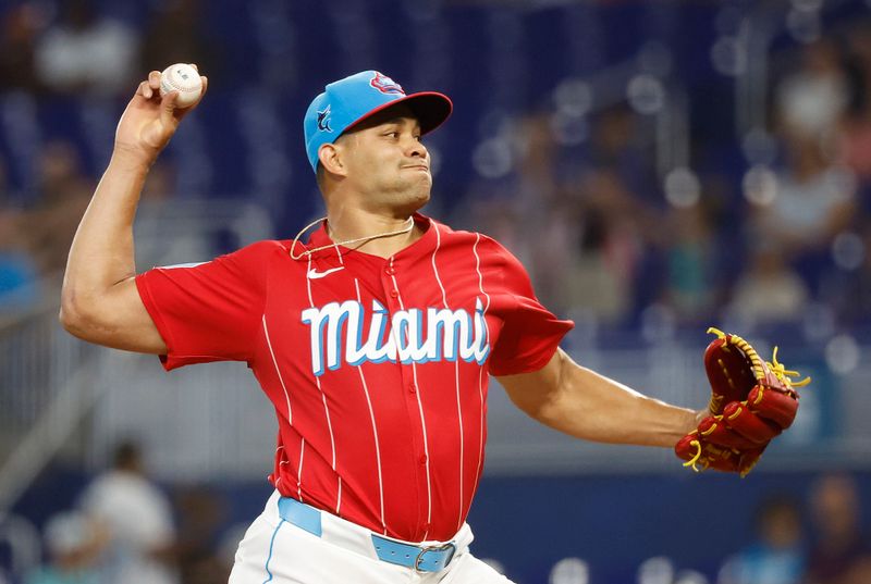 Jul 6, 2024; Miami, Florida, USA;  Miami Marlins starting pitcher Yonny Chirinos (26) pitches against the White Sox during the first inning at loanDepot Park. Mandatory Credit: Rhona Wise-USA TODAY Sports