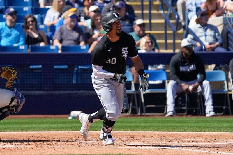 Mar 13, 2024; Phoenix, Arizona, USA; Chicago White Sox centerfield Rafael Ortega (30) hits a solo home run against the Milwaukee Brewers in the first inning at American Family Fields of Phoenix. Mandatory Credit: Rick Scuteri-USA TODAY Sports