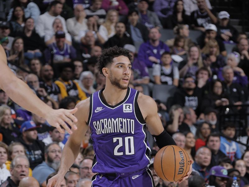 SACRAMENTO, CA - NOVEMBER 24: Colby Jones #20 of the Sacramento Kings dribbles the ball during the game against the Brooklyn Nets on November 24, 2024 at Golden 1 Center in Sacramento, California. NOTE TO USER: User expressly acknowledges and agrees that, by downloading and or using this Photograph, user is consenting to the terms and conditions of the Getty Images License Agreement. Mandatory Copyright Notice: Copyright 2024 NBAE (Photo by Rocky Widner/NBAE via Getty Images)