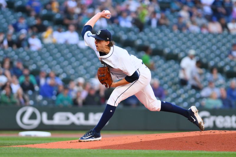 May 14, 2024; Seattle, Washington, USA; Seattle Mariners starting pitcher Logan Gilbert (36) pitches to the Kansas City Royals during the first inning at T-Mobile Park. Mandatory Credit: Steven Bisig-USA TODAY Sports