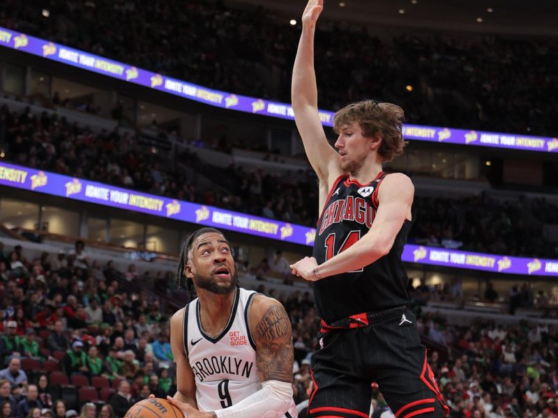 CHICAGO, IL - MARCH 13: Trendon Watford #9 of the Brooklyn Nets drives to the basket during the game against the Chicago Bulls on March 13, 2025 at United Center in Chicago, Illinois. NOTE TO USER: User expressly acknowledges and agrees that, by downloading and or using this photograph, User is consenting to the terms and conditions of the Getty Images License Agreement. Mandatory Copyright Notice: Copyright 2025 NBAE  (Photo by Melissa Tamez/NBAE via Getty Images)