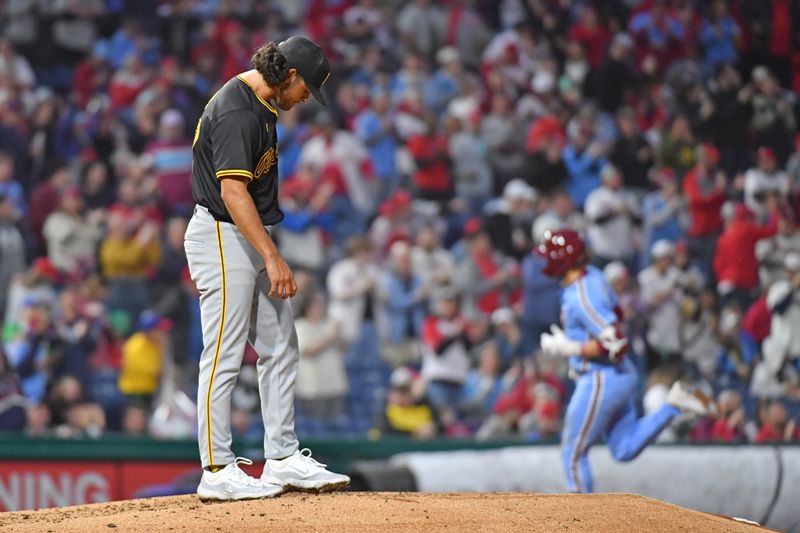 Apr 11, 2024; Philadelphia, Pennsylvania, USA; Pittsburgh Pirates pitcher Jared Jones (37) reacts after allowing home run by Philadelphia Phillies third base Alec Bohm (28) during the fourth inning at Citizens Bank Park. Mandatory Credit: Eric Hartline-USA TODAY Sports